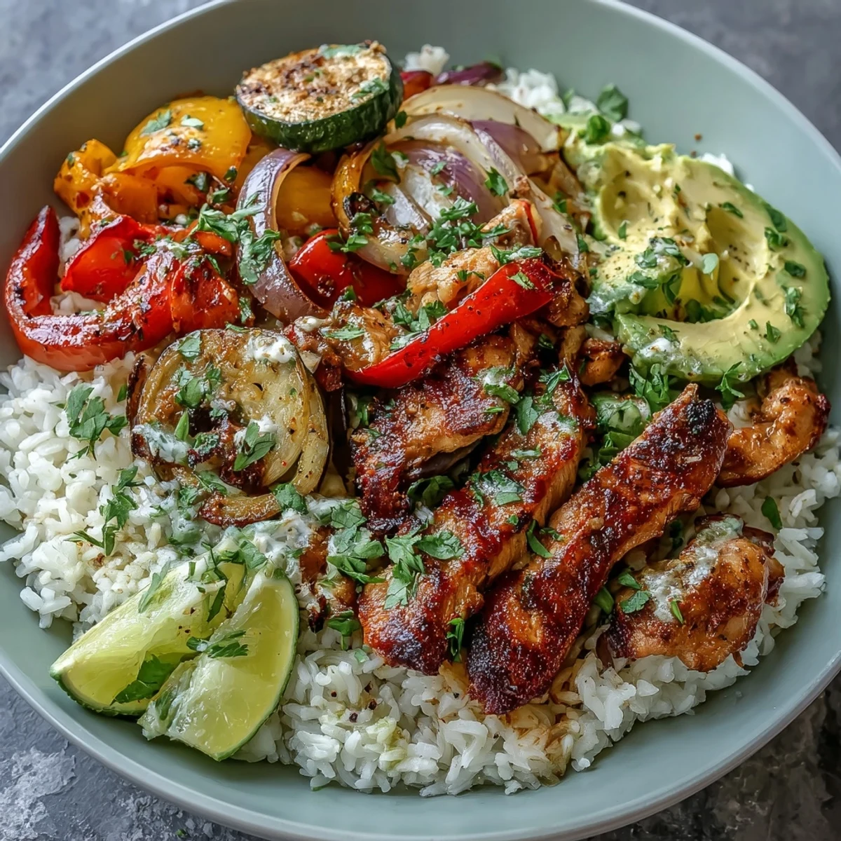 Sheet Pan Fajita Bowl with colorful veggies and tender chicken, ready to serve.