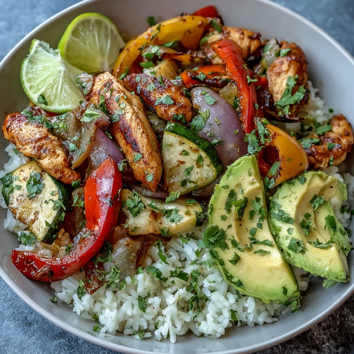Sizzling Sheet Pan Fajita Bowl, a healthy Tex-Mex dinner with roasted ingredients.