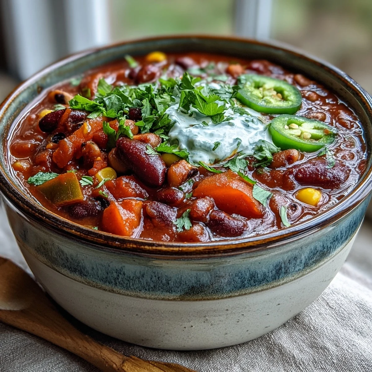 Black-Eyed Pea Chili served in a dark bowl with a side of golden cornbread on a wooden table.