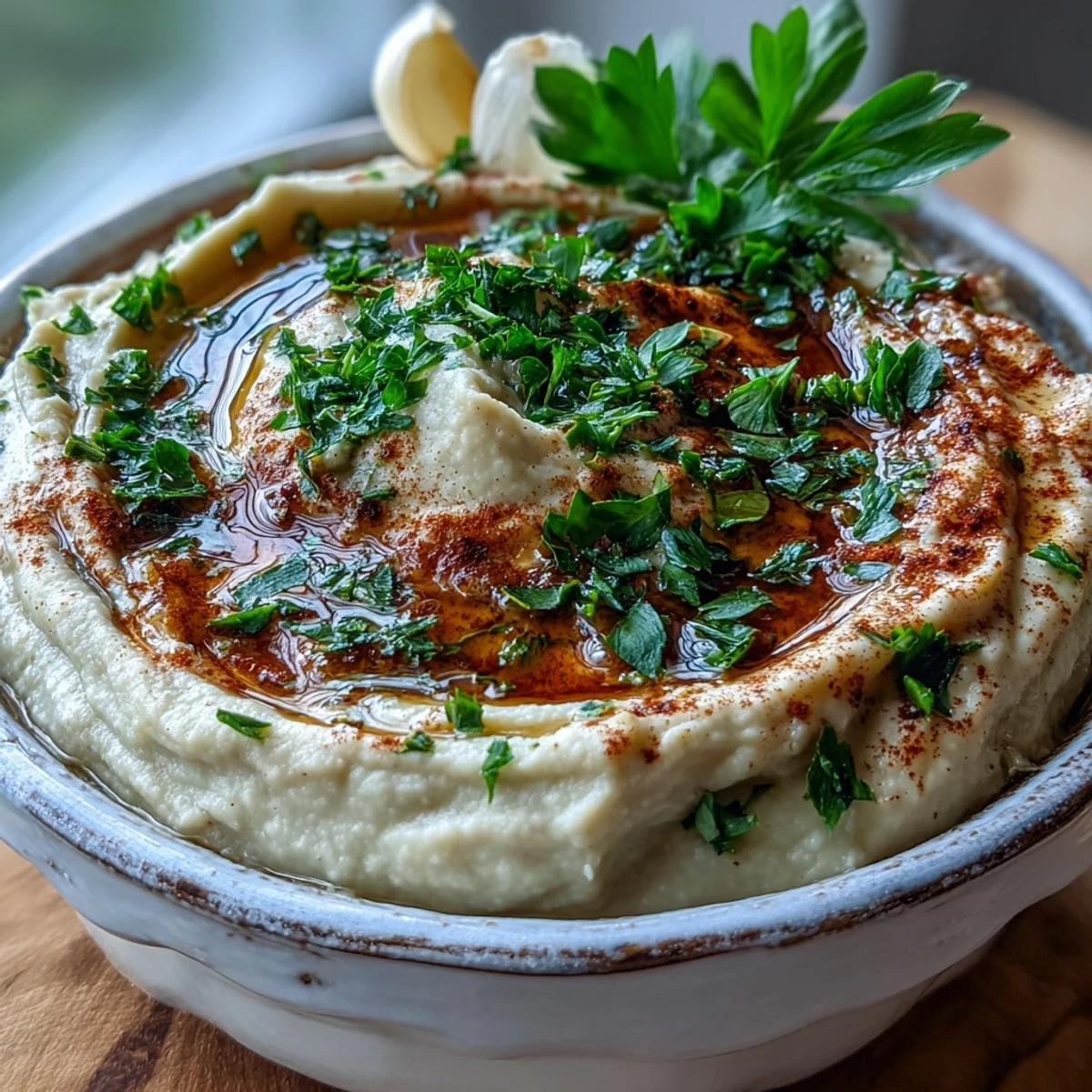 Creamy Black-Eyed Pea Hummus garnished with fresh parsley and paprika, served with pita chips and veggies.