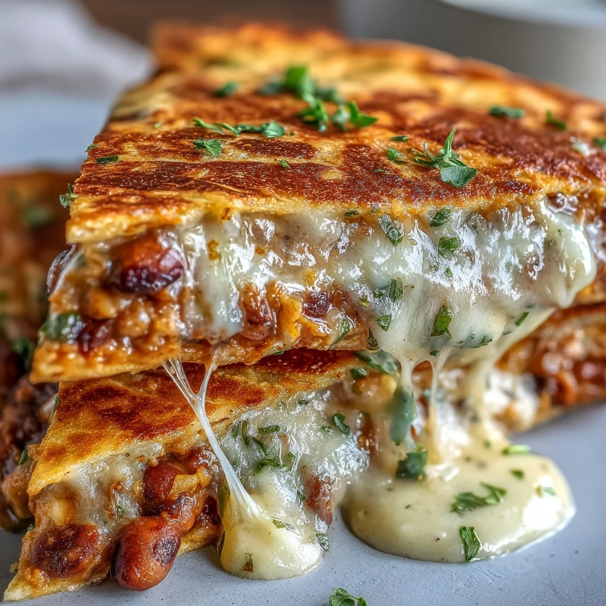 A sizzling skillet presents a freshly flipped Black-Eyed Pea Quesadilla, revealing a savory filling of cumin-spiced peas and melted cheddar.