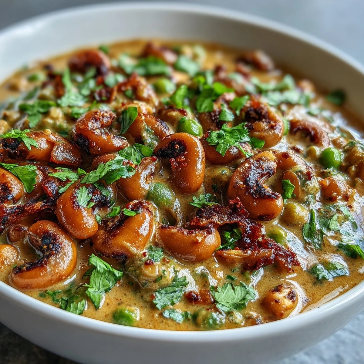 A close-up of Black-Eyed Pea Curry reveals tender black-eyed peas and green peas in a rich, golden turmeric coconut broth, with steam gently rising from the surface.