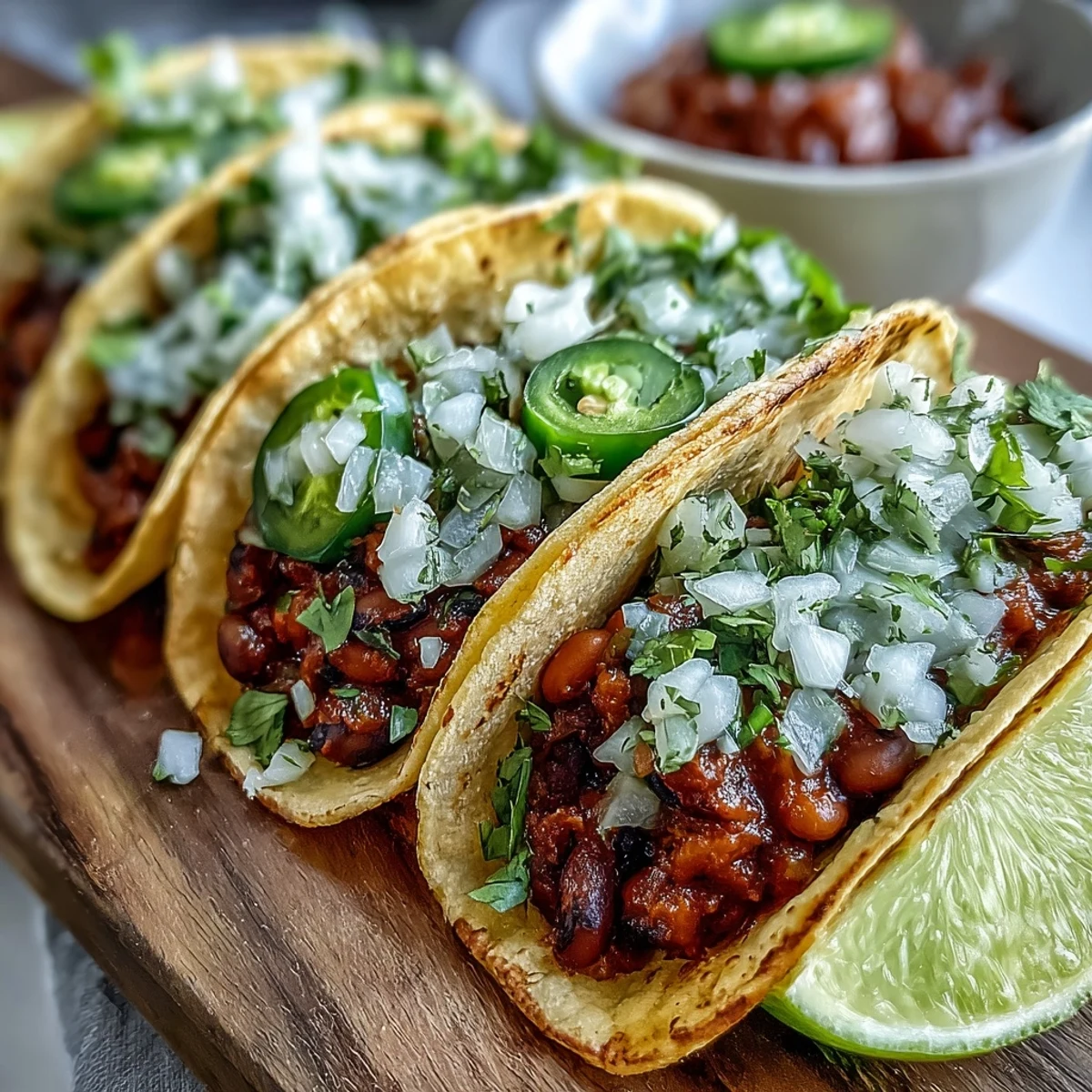 Mashed black-eyed pea filling nestled in soft tortillas, garnished with vibrant salsa and jalapeños for a spicy kick.