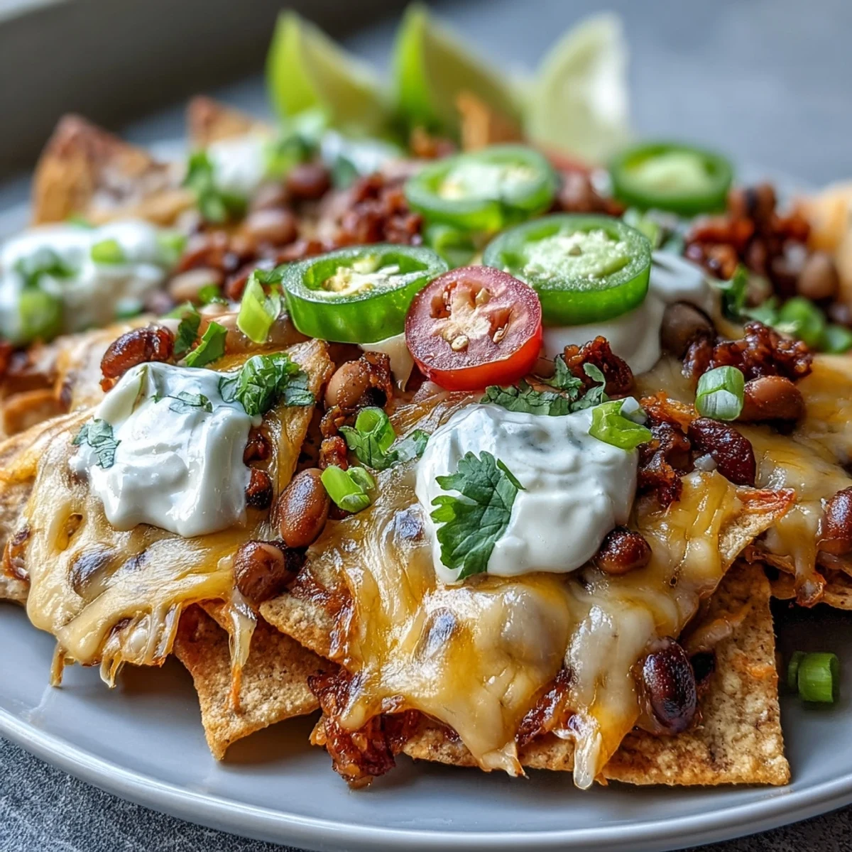 Freshly baked Black-Eyed Pea Nachos topped with melted cheddar, spicy jalapeños, diced tomatoes, and a dollop of sour cream.