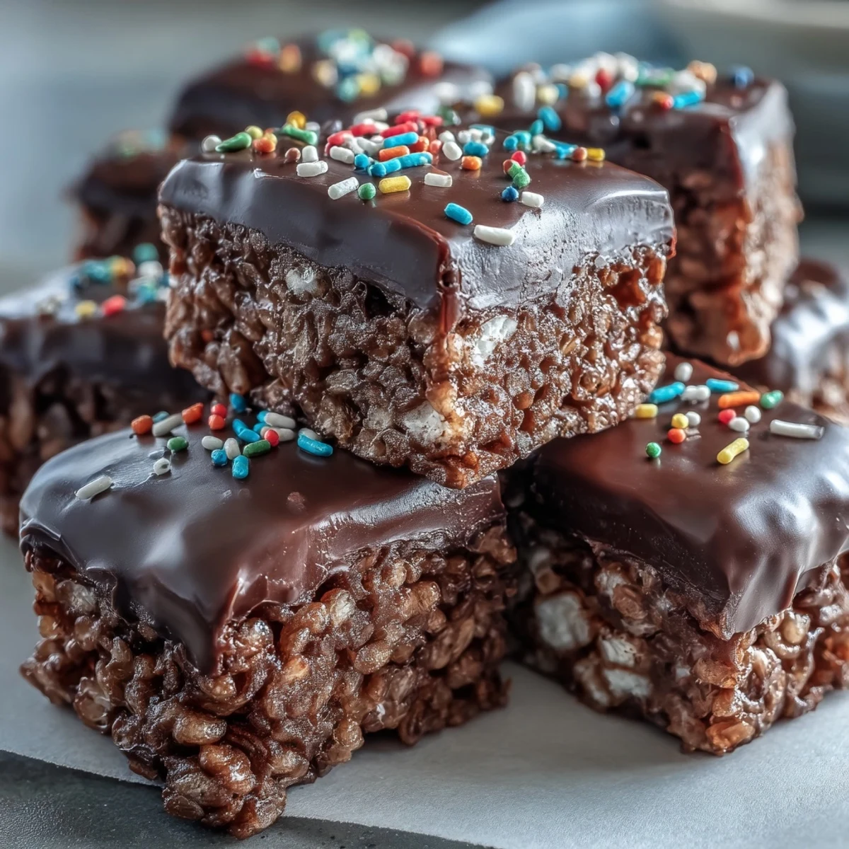 Chocolate Covered Rice Krispy Treats are cut into squares, showing a thick, glossy dark chocolate layer and colorful rainbow sprinkles on top.