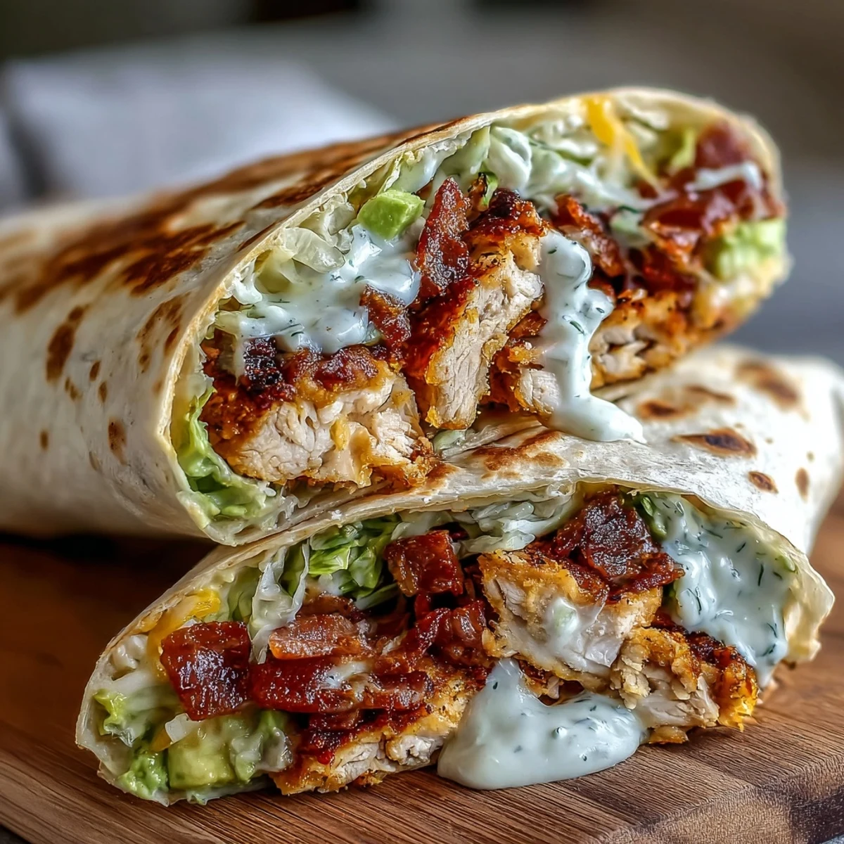 Freshly sliced avocado and creamy sauce peek from the ends of this handheld lunch wrap, served on a rustic wooden board.