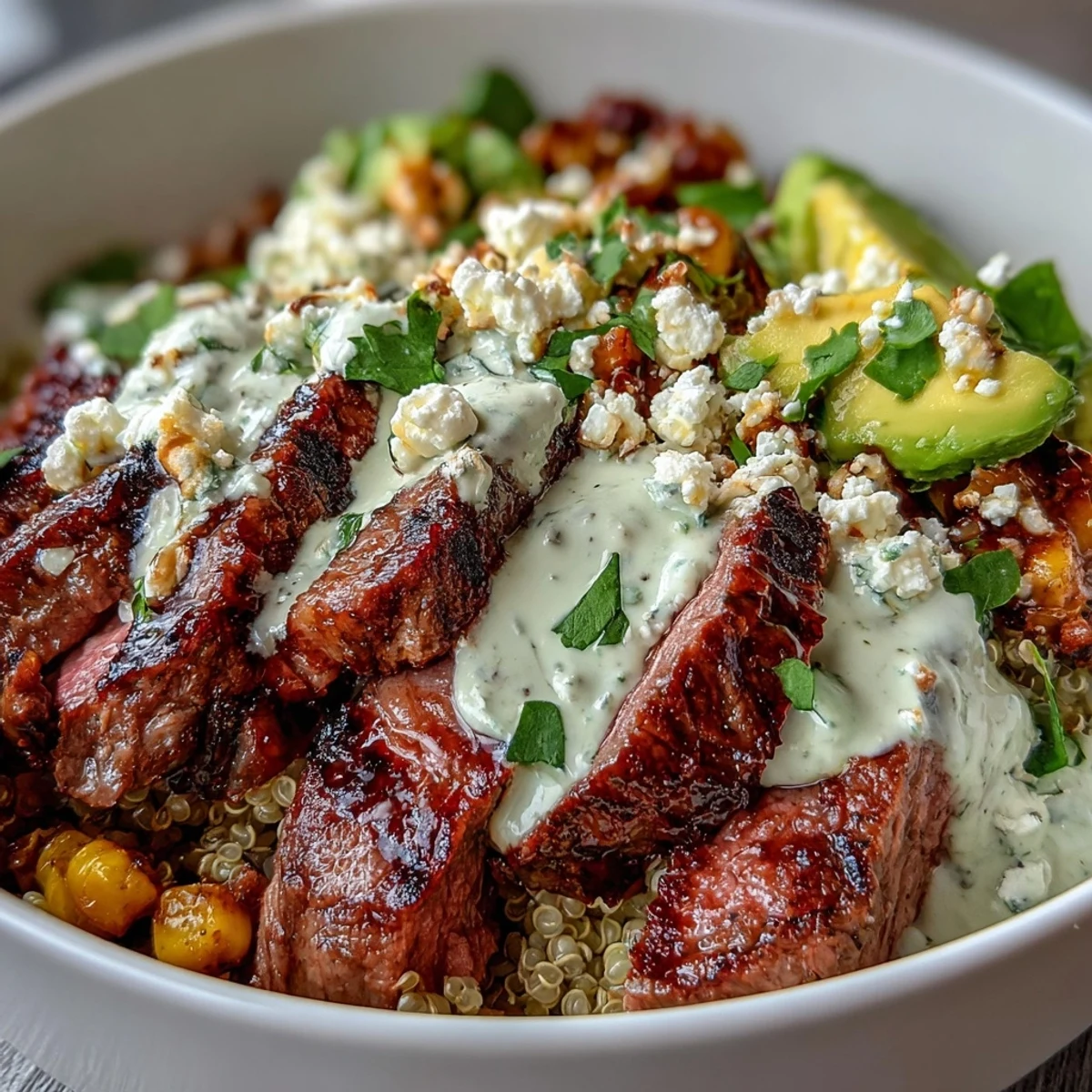 Sliced steak, avocado, and charred corn fill a bowl topped with cilantro cream sauce and Cotija cheese.