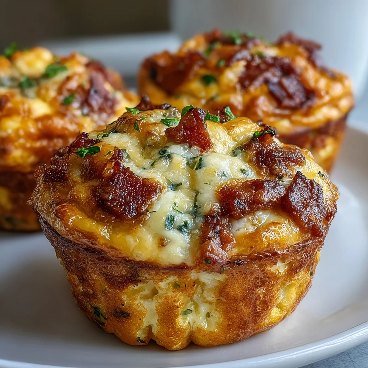 Golden-brown Breakfast Egg Muffins filled with cheddar cheese, crumbled bacon, and diced bell peppers.