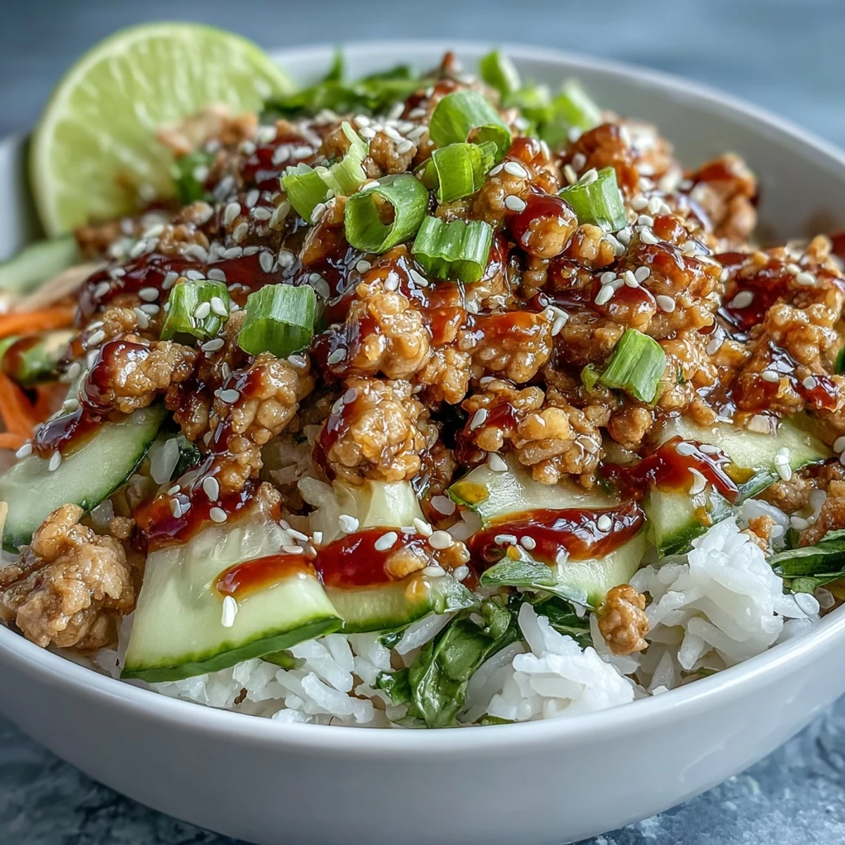 Golden ground turkey and white rice bowls topped with crunchy vegetables, sesame seeds, and lime wedges ready for a quick weeknight dinner.
