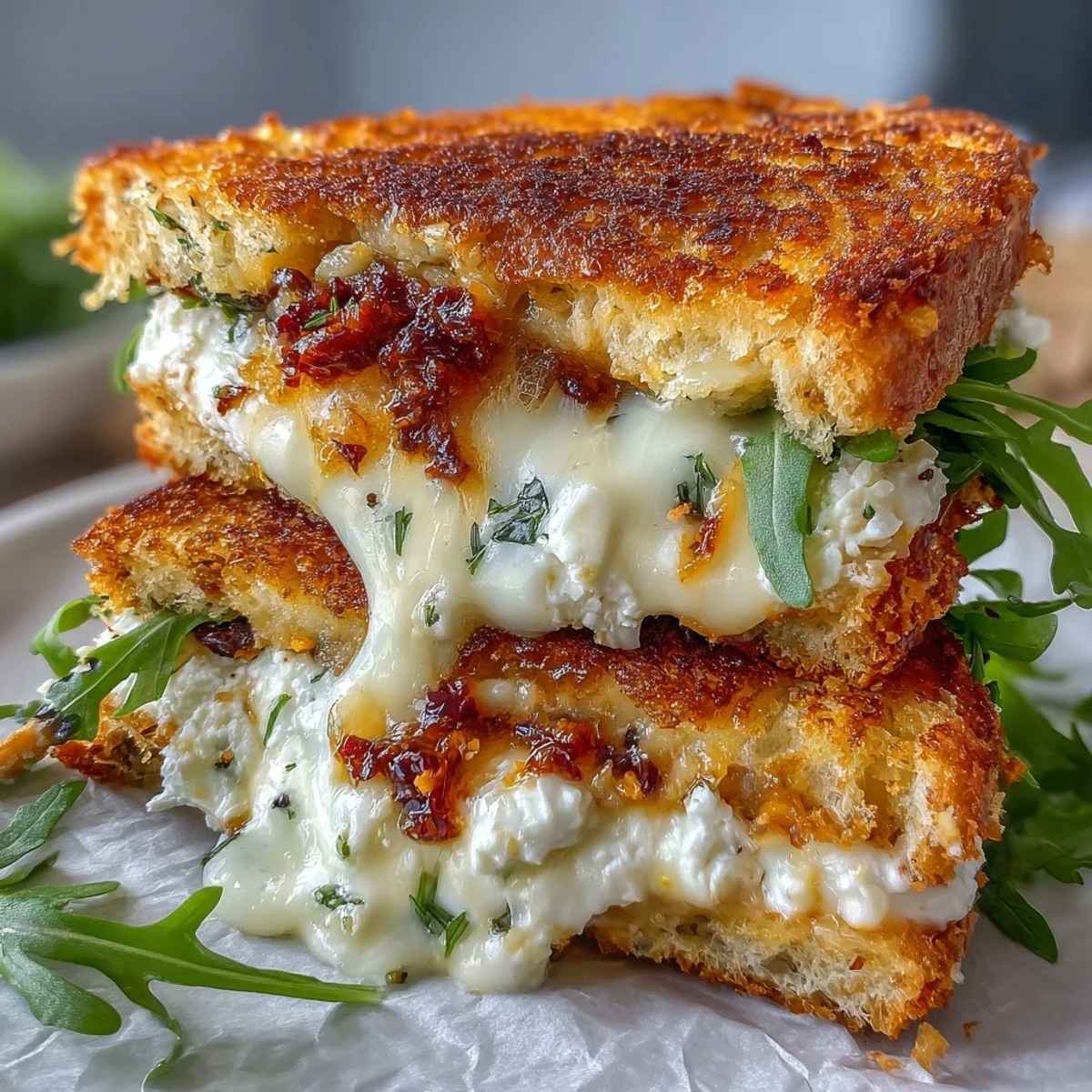 Golden-brown Goat Cheese Grilled Cheese with Honey & Chili Flakes sits beside a small honey drizzle on a rustic board, steam rising from its crisp sourdough.  