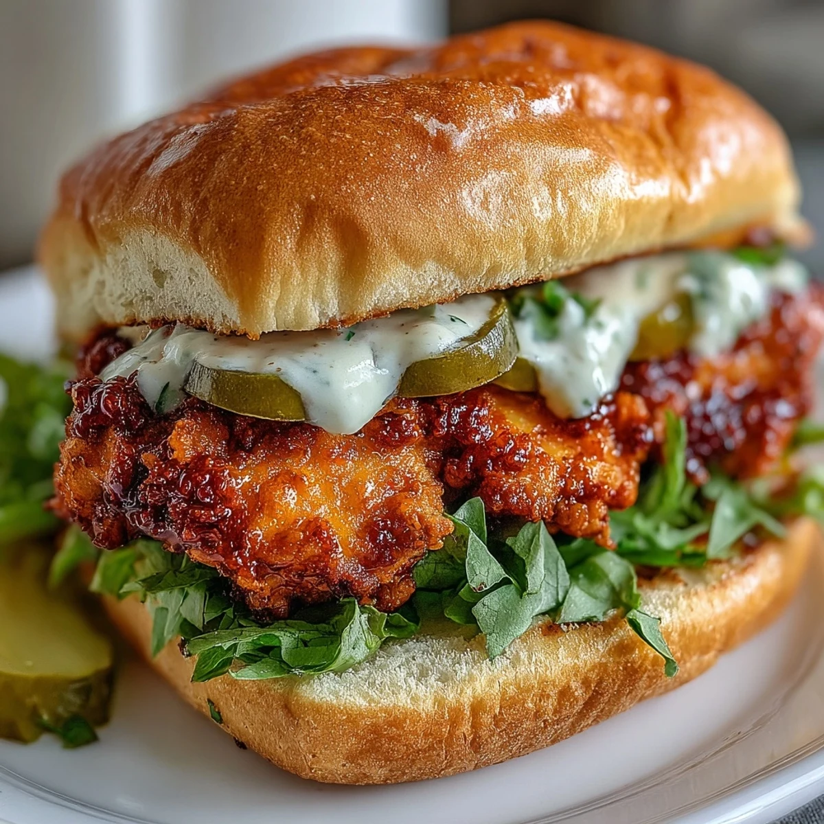 Buttery brioche bun sandwich layered with ultra-crispy spicy chicken, fresh pickles, and a generous spread of creamy homemade sauce.