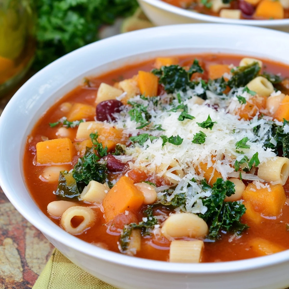 Hearty Winter Minestrone Soup with Butternut Squash and Kale ladled into a rustic white bowl, steam rising.