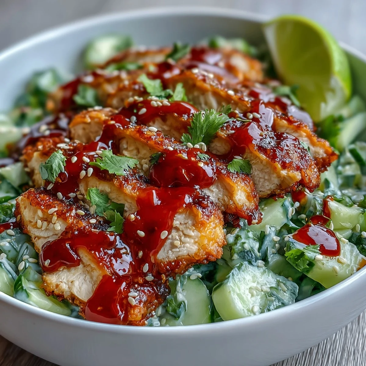 Easy TikTok Chili-Crisp Cucumber Chicken Bowls garnished with sesame seeds and paired with lime wedges for a bright finish.