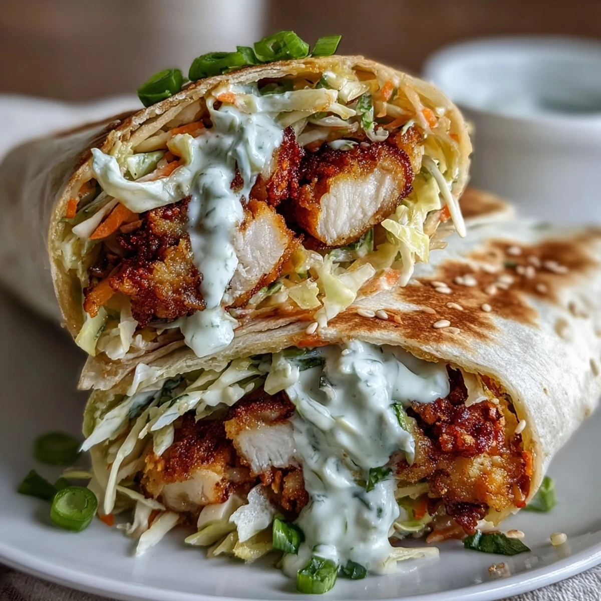 Crispy KFC Turkey Snack Wraps stuffed with Korean slaw and creamy ranch on a plate.