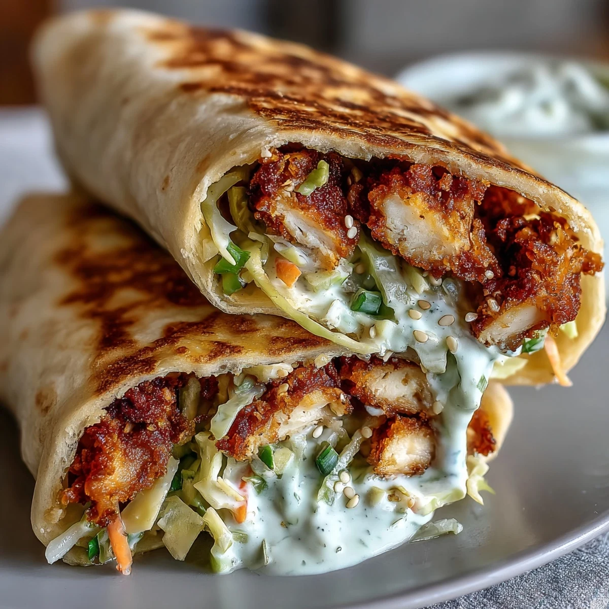 Freshly fried Crispy KFC Turkey Snack Wraps served warm with tangy gochujang slaw.