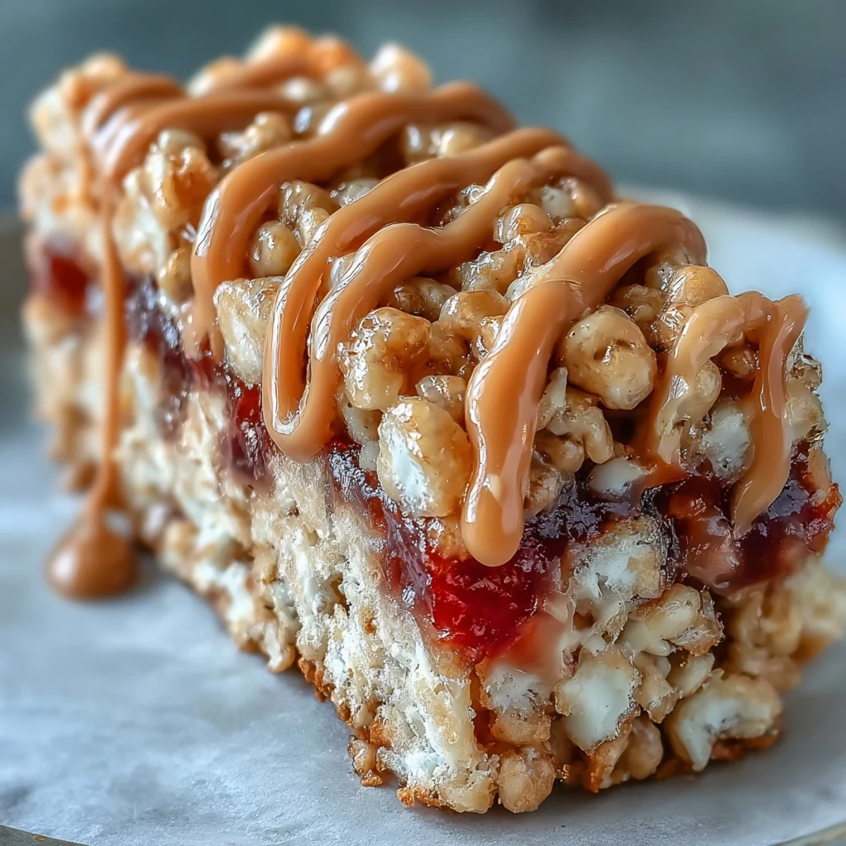 High-Protein PB&J Rice Krispie Bars with a thick peanut butter protein drizzle and vibrant strawberry jelly swirls on a plate.