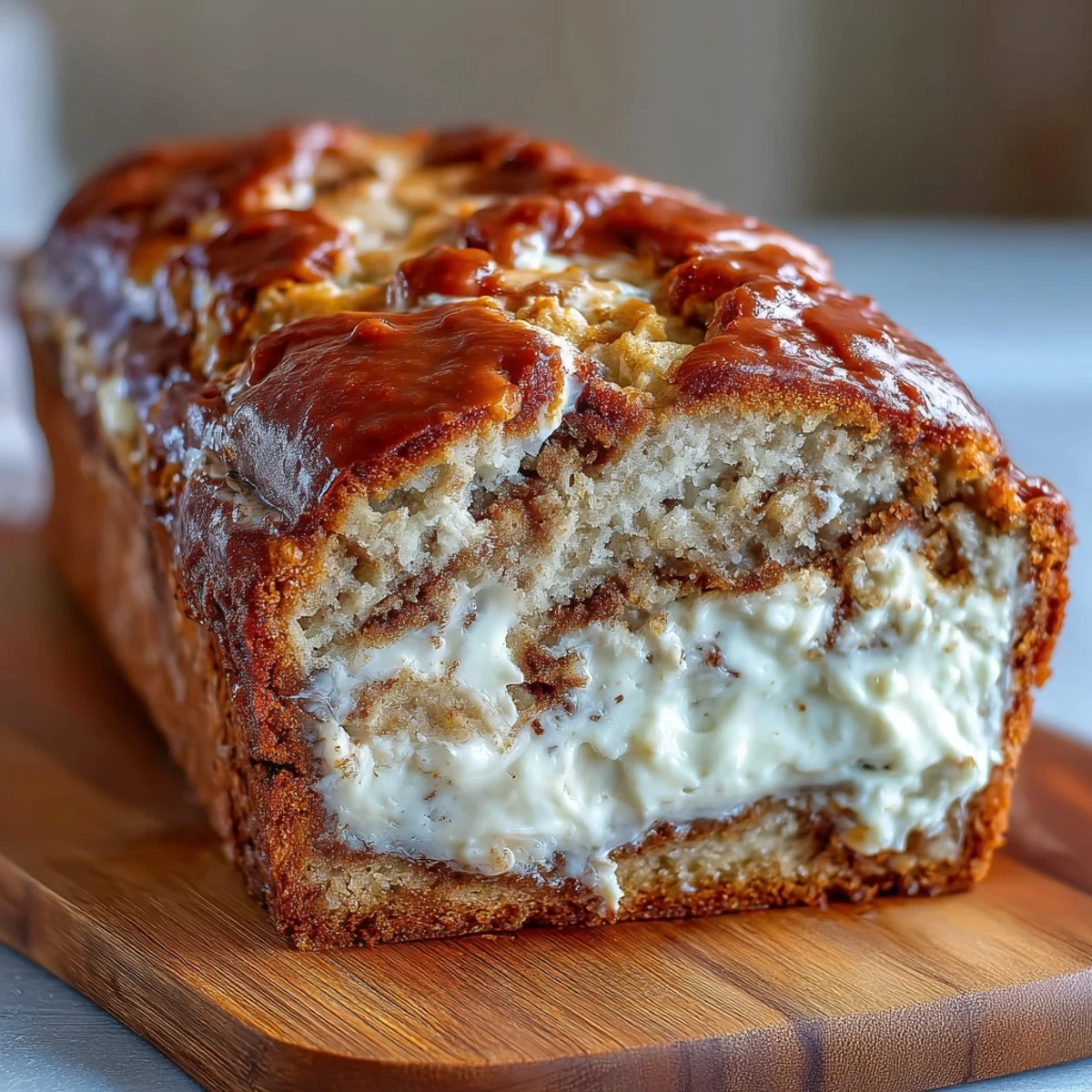 Freshly baked Cream Cheese Cinnamon Swirl Protein Loaf showcasing a moist, golden-brown slice on a wooden cutting board.