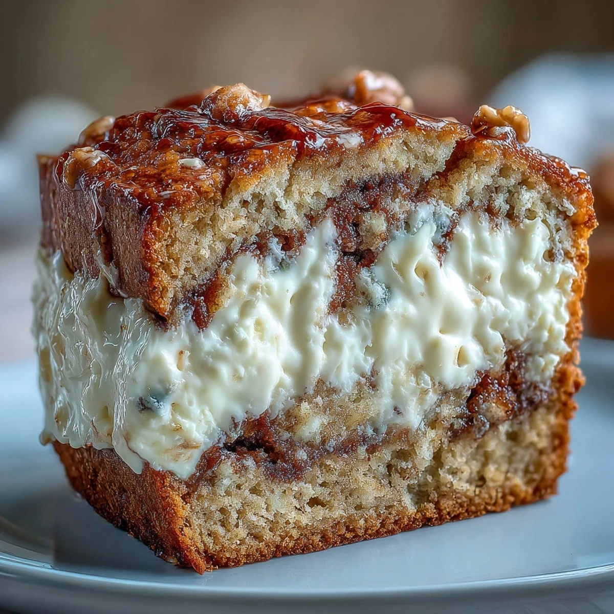 Perfectly sliced piece of Cream Cheese Cinnamon Swirl Protein Loaf served on a white plate with a ripe banana.