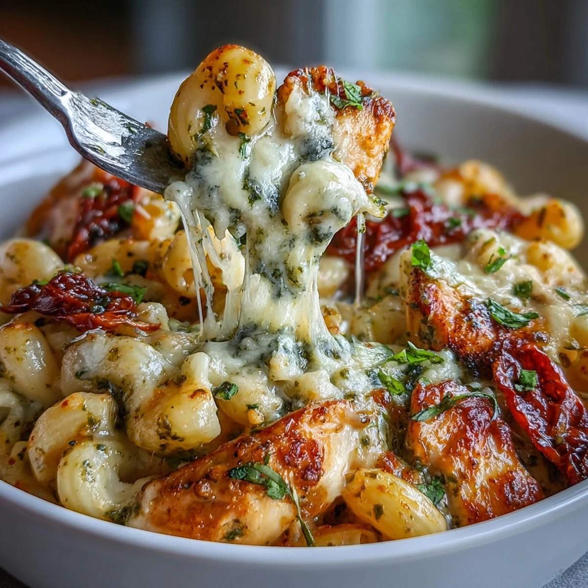 A warm bowl of Pesto Chicken Chili Mac with melted mozzarella and vibrant sun-dried tomatoes, ready to serve.