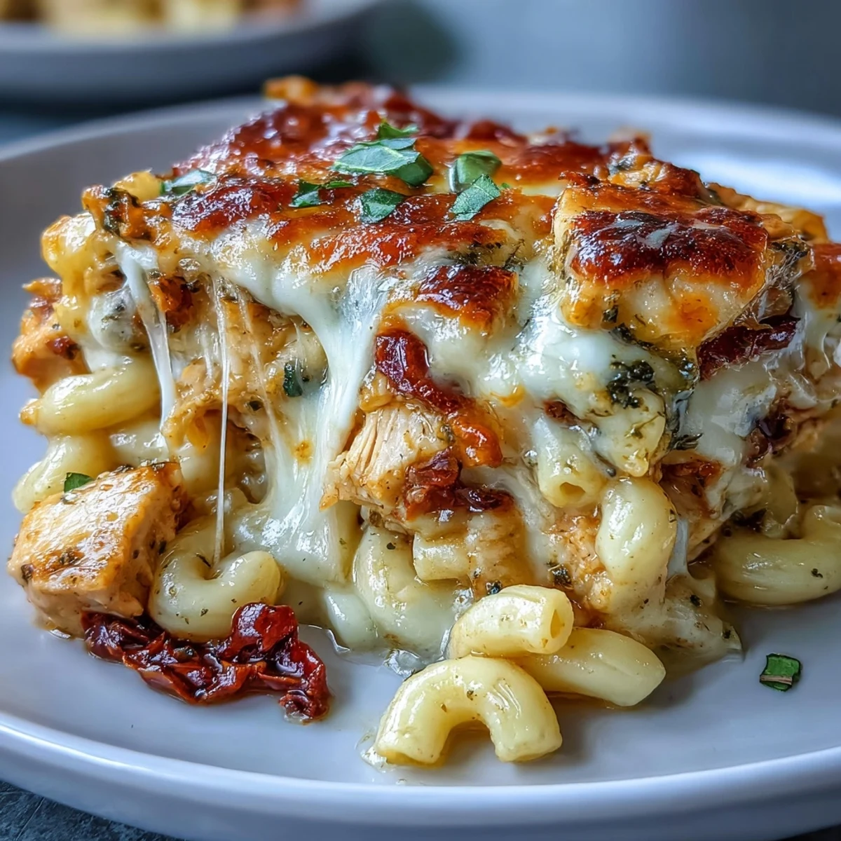 Creamy Pesto Chicken Chili Mac in a rustic bowl, garnished with fresh basil and extra Parmesan cheese.