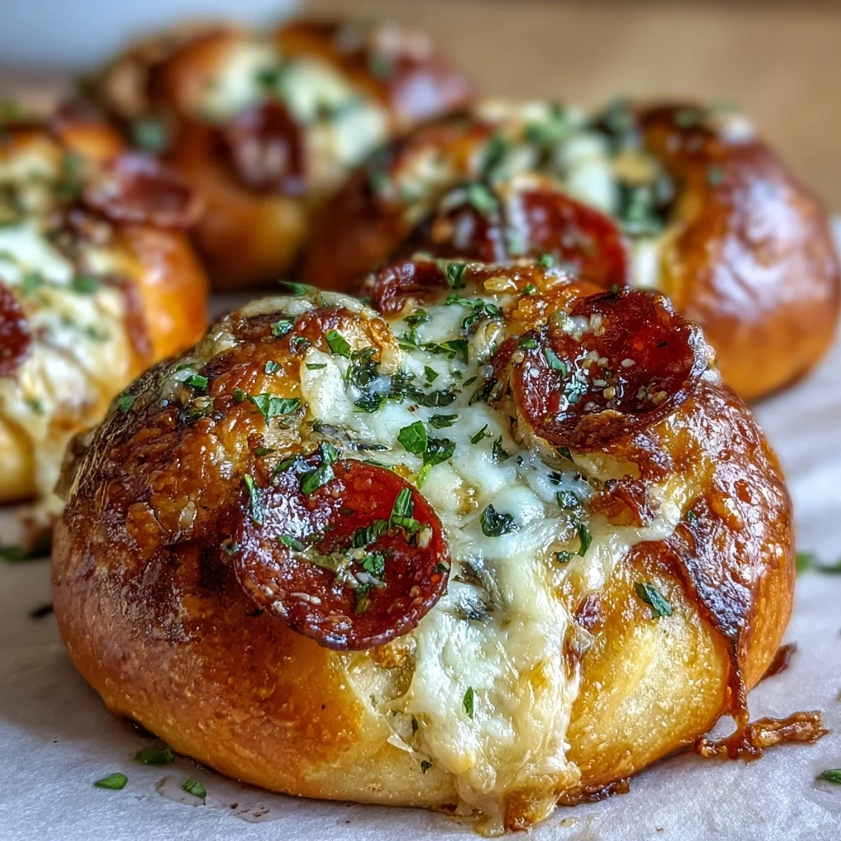 Homemade Pizza Roll Stuffed Garlic Knots served warm with a small bowl of marinara for dipping.