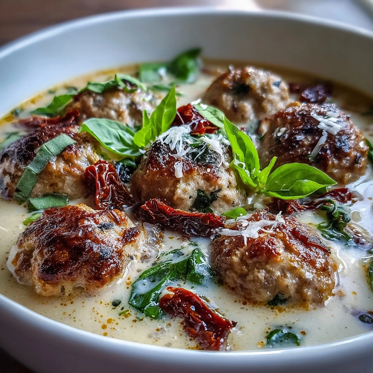 Creamy Tuscan Turkey Meatball Soup is ladled into a rustic bowl, garnished with fresh basil and a sprinkle of Parmesan cheese.