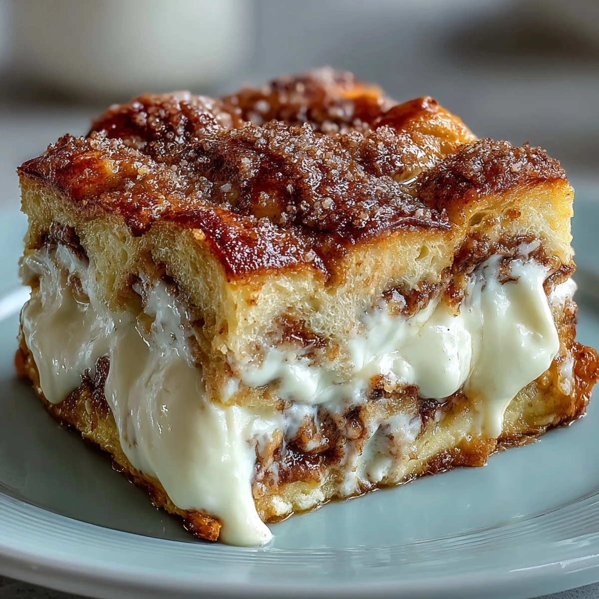 Served on a rustic plate, the Cream Cheese Swirl Cinnamon Roll French Toast Bake showcases soft banana bread texture.