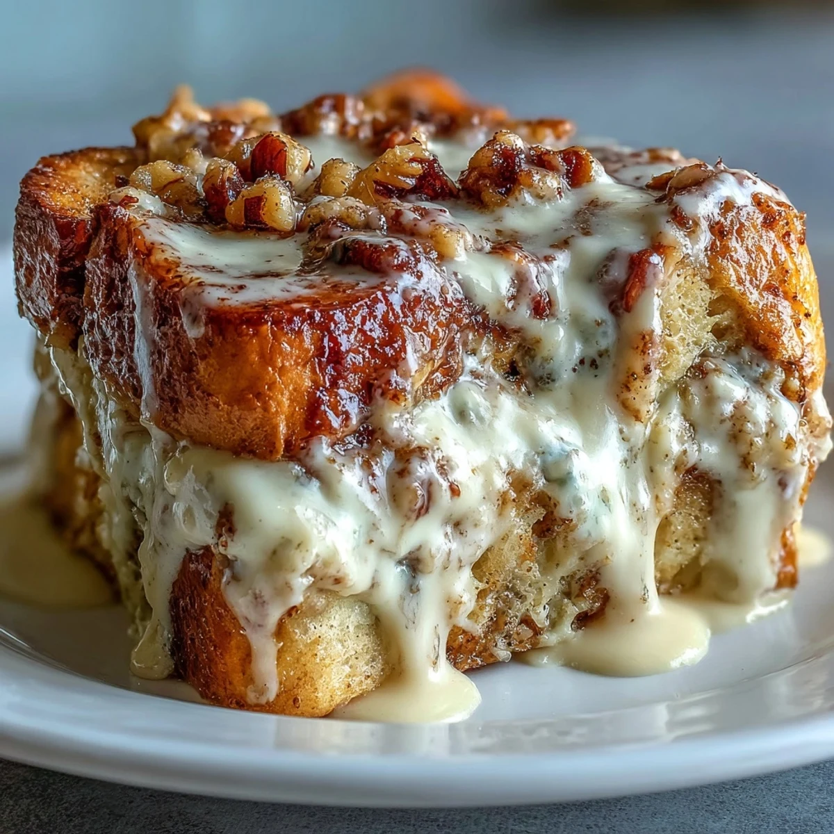 Overnight Cream Cheese Swirl Cinnamon Roll French Toast Bake topped with maple syrup.