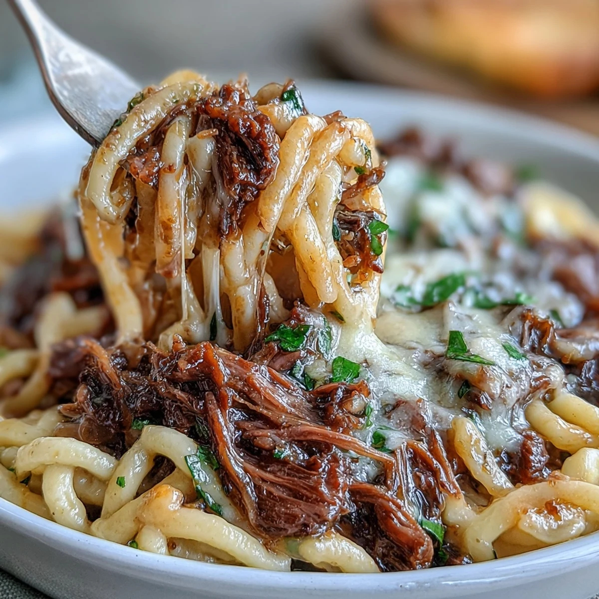 Golden Crockpot French Onion Pot Roast Pasta, topped with melty Gruyère cheese and fresh parsley.