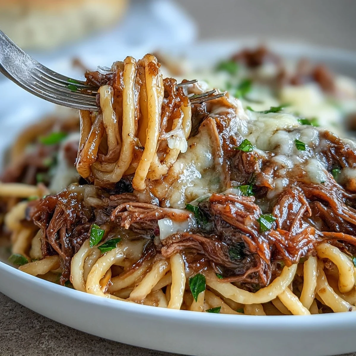 Serving suggestion for Crockpot French Onion Pot Roast Pasta with a side salad and crusty bread.