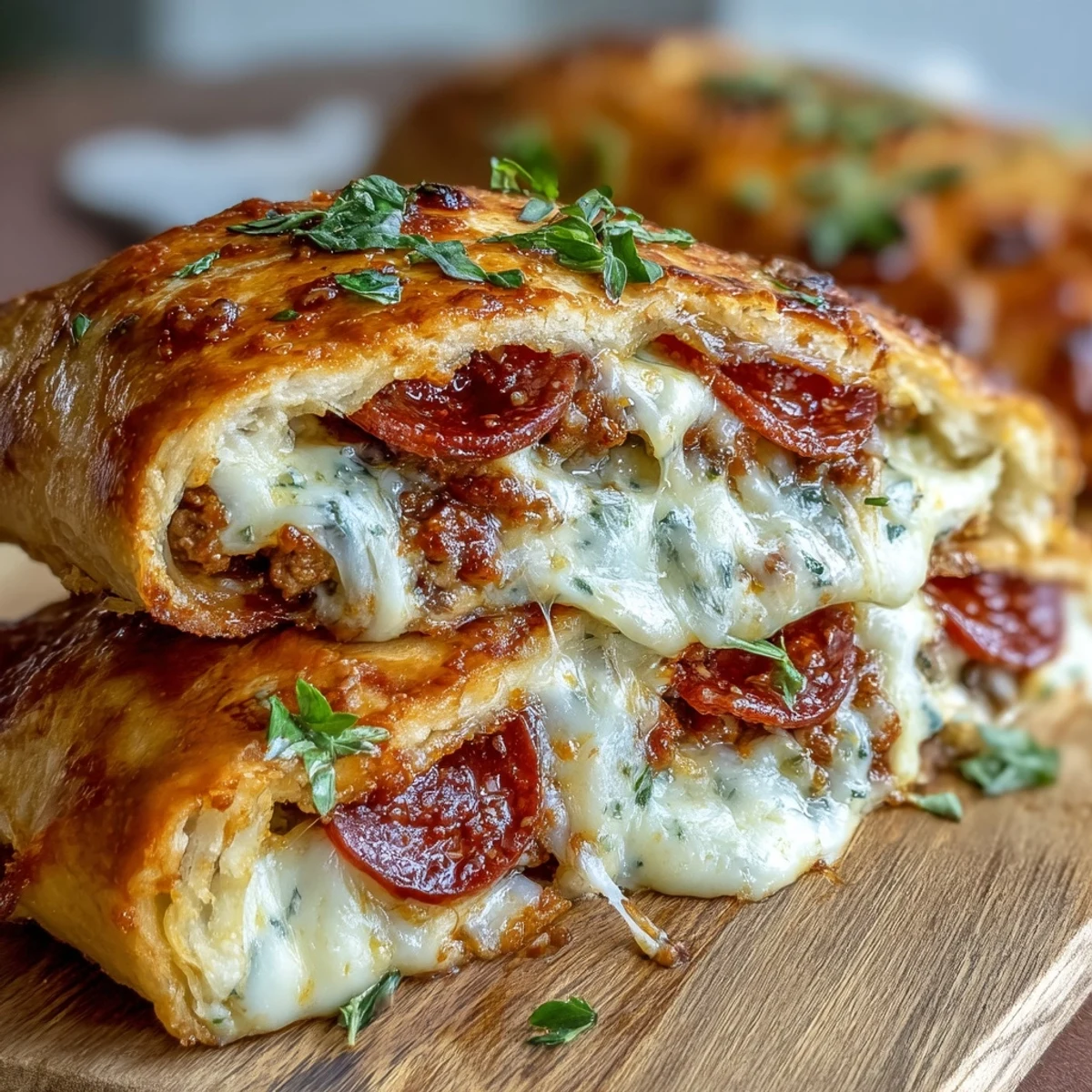 Freshly baked Baked High-Protein Pepperoni Stromboli slices with melted mozzarella and golden crust are served warm with a small bowl of marinara sauce for dipping.