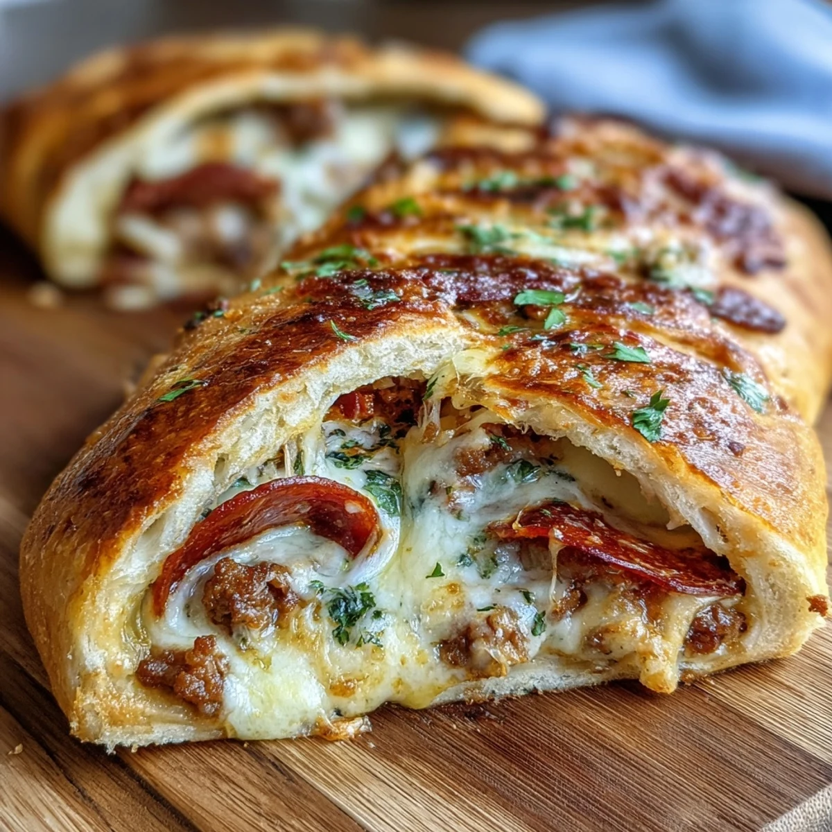 Golden-baked Baked High-Protein Pepperoni Stromboli reveals savory ground beef and pepperoni filling inside fluffy pizza dough on a rustic wooden cutting board.