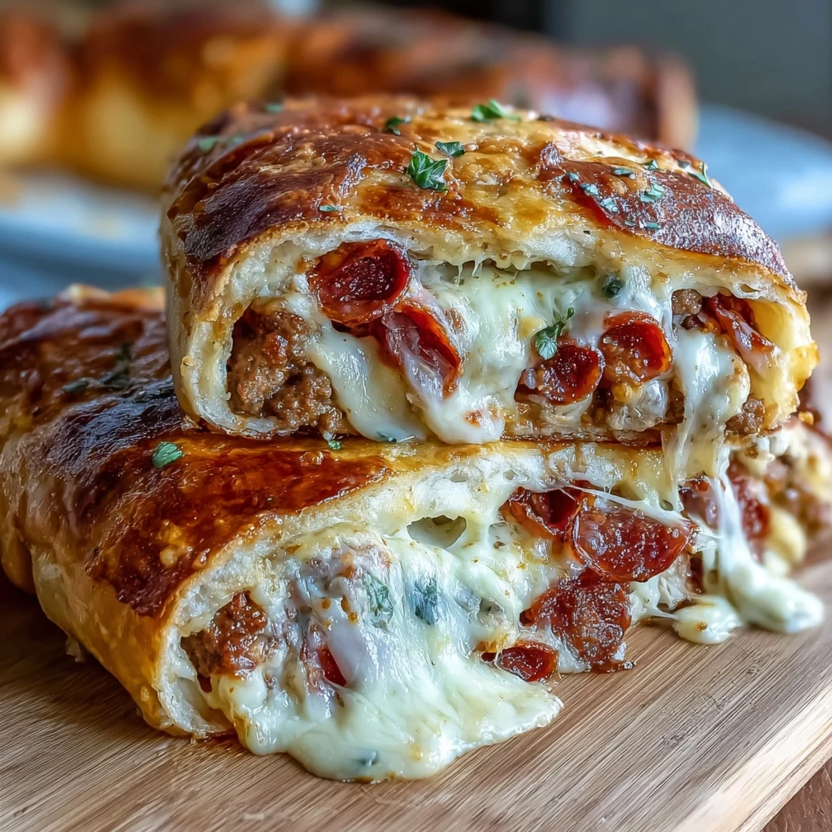 Freshly sliced Baked High-Protein Pepperoni Stromboli showcases cheesy mozzarella strands and pepperoni layers on a parchment-lined tray for a hearty family dinner.