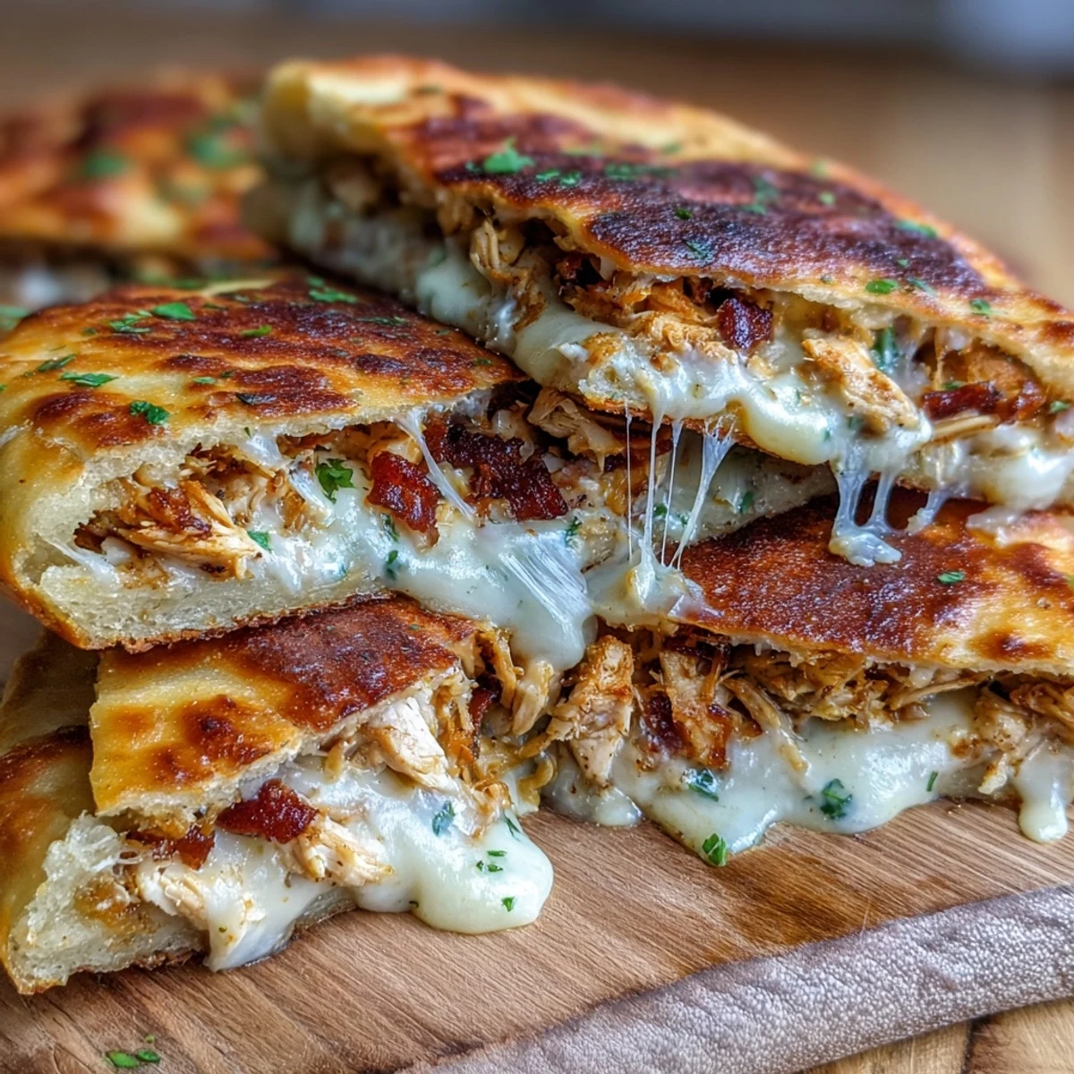 Golden-brown grilled Ranch Crack Chicken Stuffed Naan with melted cheddar and bacon bits on a rustic board.