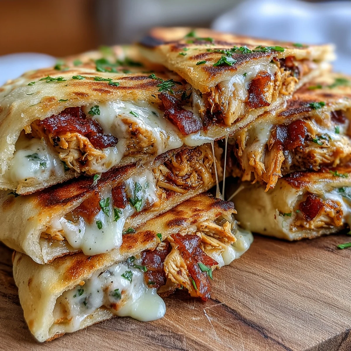 Creamy ranch chicken filling oozing from crispy garlic naan, served hot with fresh chives for garnish.