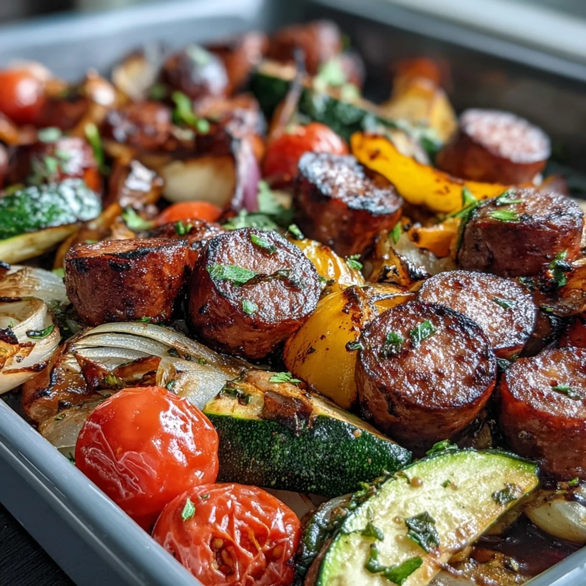 Smoky Sheet Pan Sausage & Veggies with Naan roasted with peppers and onions, garnished with fresh parsley for a vibrant dinner.