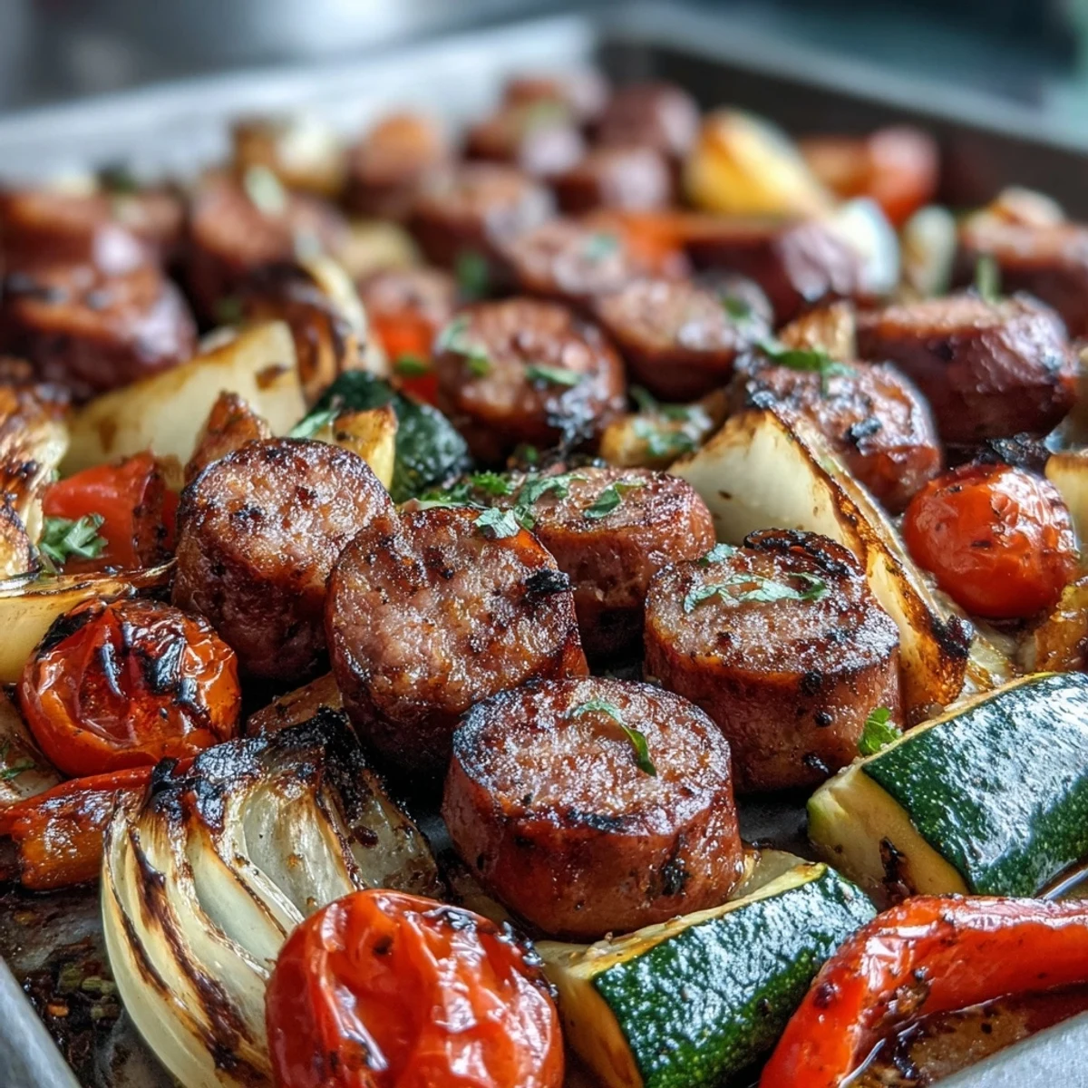 Golden garlic naan rests beside charred Smoky Sheet Pan Sausage & Veggies on a rustic sheet pan, ready for dunking.