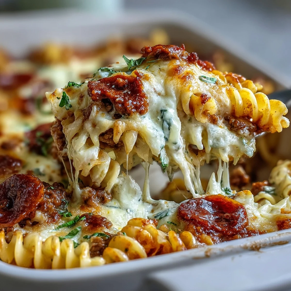 Golden, bubbly mozzarella and baked pepperoni top a hearty High-Protein Pizza Pasta Bake served in a casserole dish. 