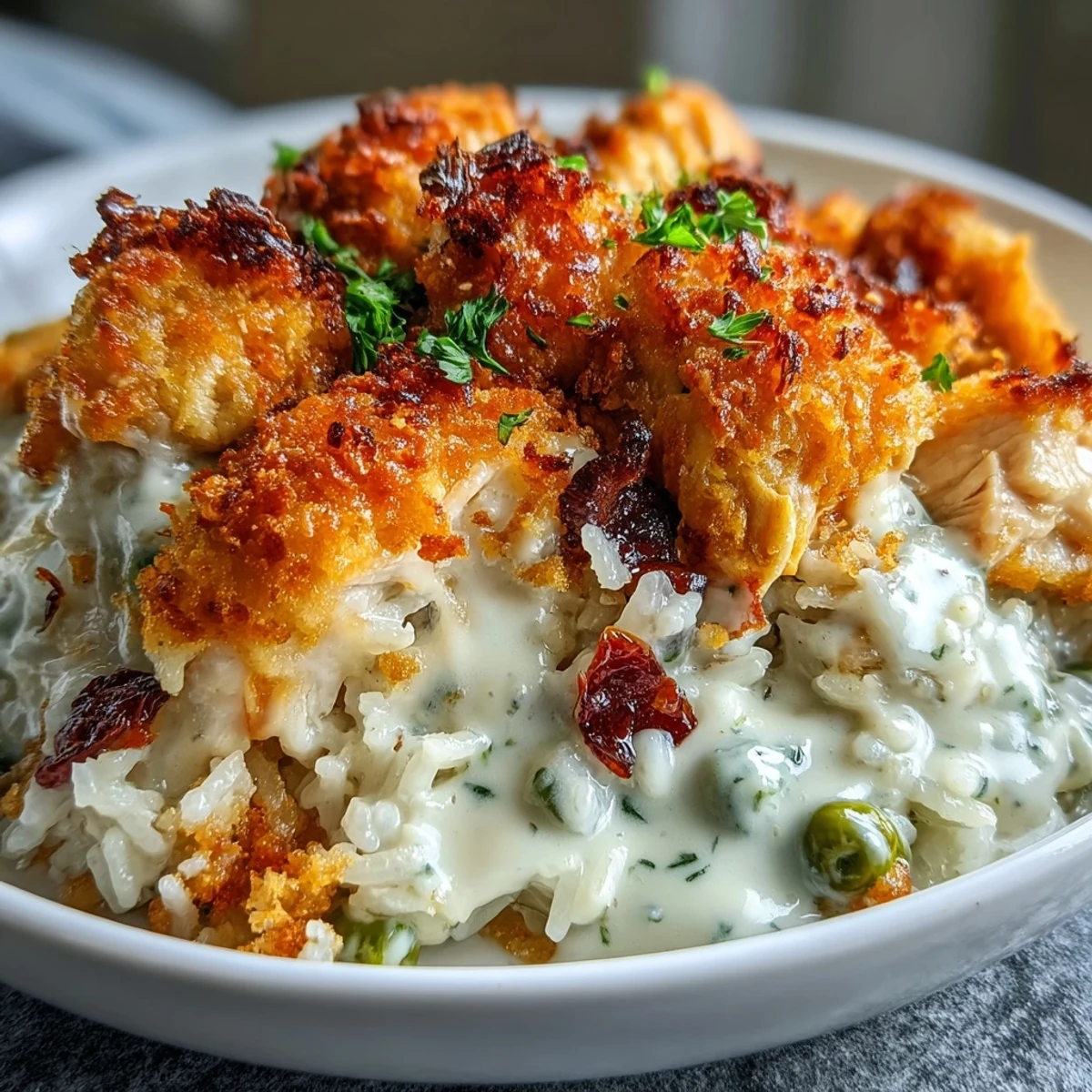 A spoon scoops into the creamy garlic chicken and rice casserole.