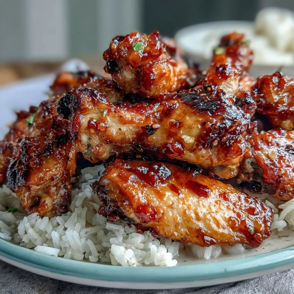 Crispy baked chicken wings coated in sticky honey garlic sauce served over buttery rice for a family dinner.