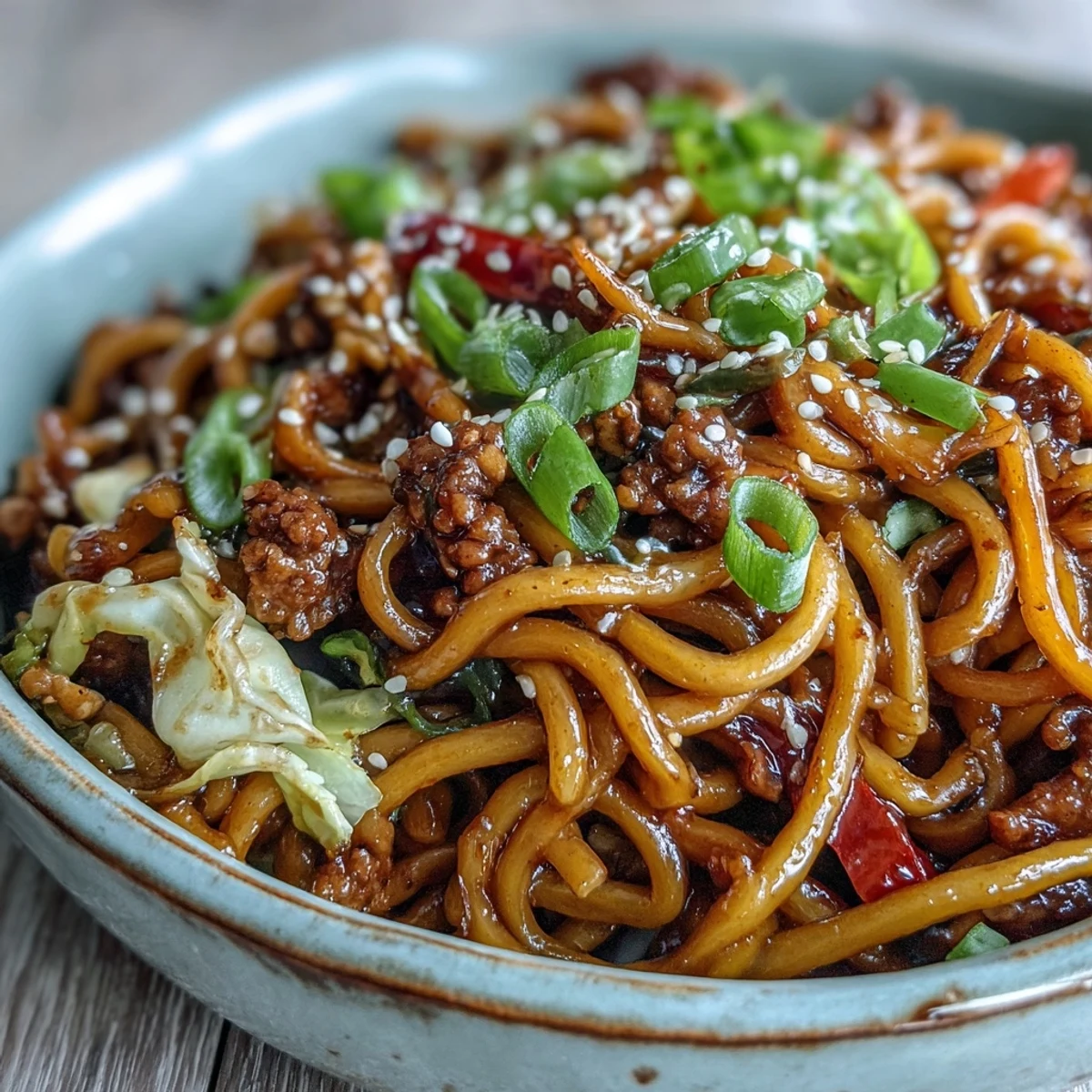 Korean Turkey Fried Noodles are plated in a white bowl, garnished with toasted sesame seeds and fresh green onions, ready to enjoy as a quick weeknight dinner.