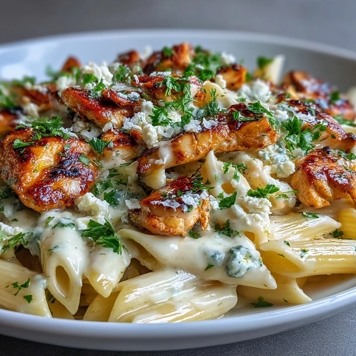 Dinner-ready Creamy Lemon Feta Chicken Pasta in a white bowl, garnished with parsley and lemon zest, paired with a glass of white wine.