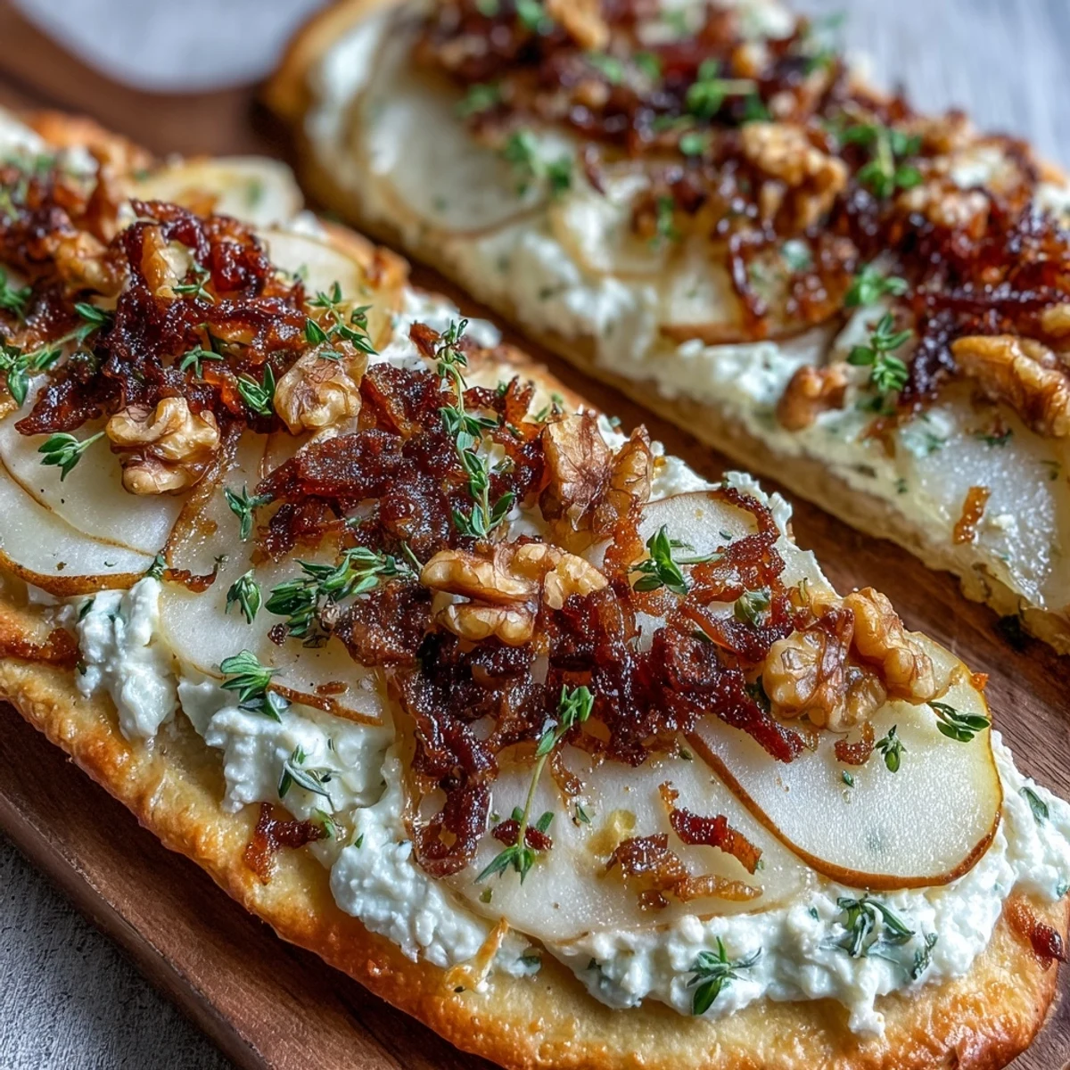 Slice of warm Goat Cheese & Pear Flatbread topped with caramelized onions and crunchy walnuts on a marble board.