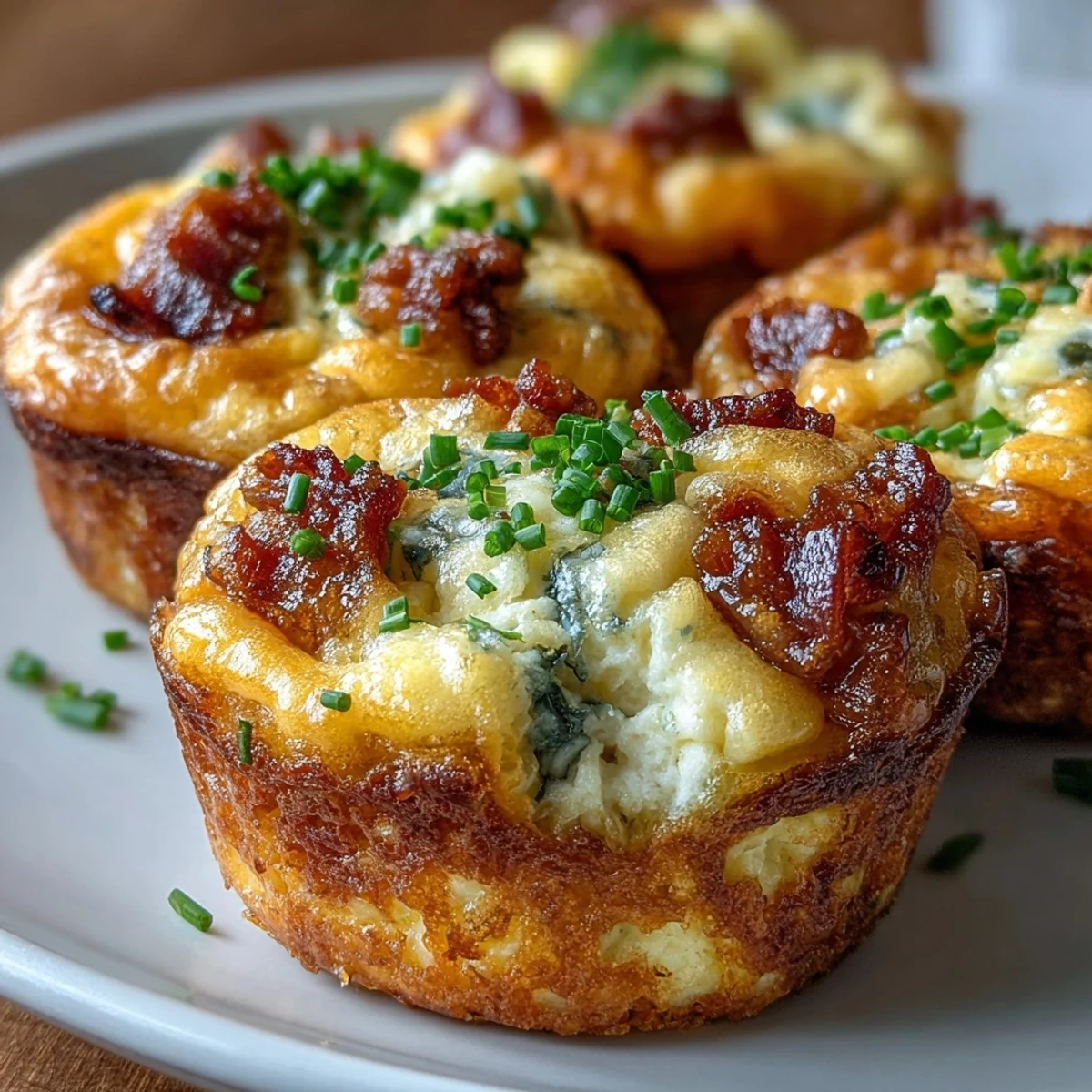 Golden-brown Ranch Bacon Breakfast Egg Bites topped with chives are arranged on a white plate next to crispy bacon strips and a fork, showcasing a perfect grab-and-go high-protein breakfast.