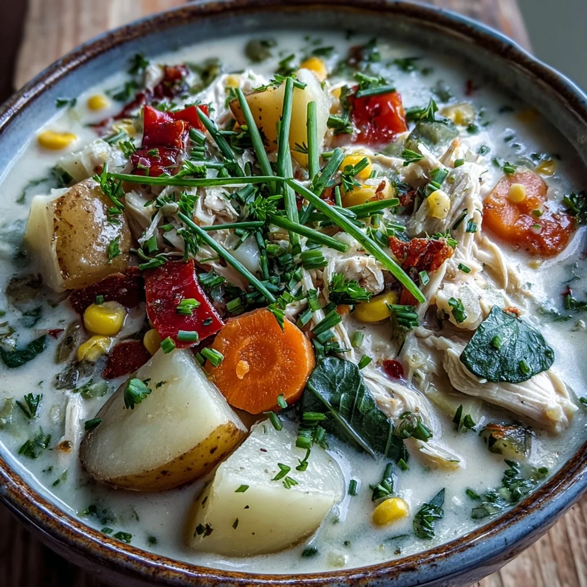 Creamy Ranch Chicken Veggie Soup served in a rustic bowl with corn, potatoes, spinach, and fresh chives.