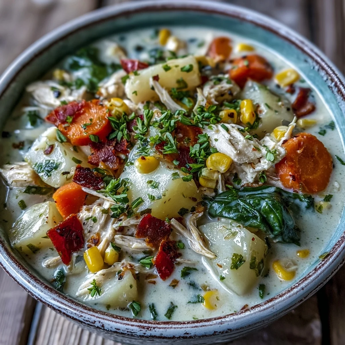 Hearty Ranch Chicken Veggie Soup simmering in a Dutch oven, featuring shredded chicken and vibrant mixed vegetables.