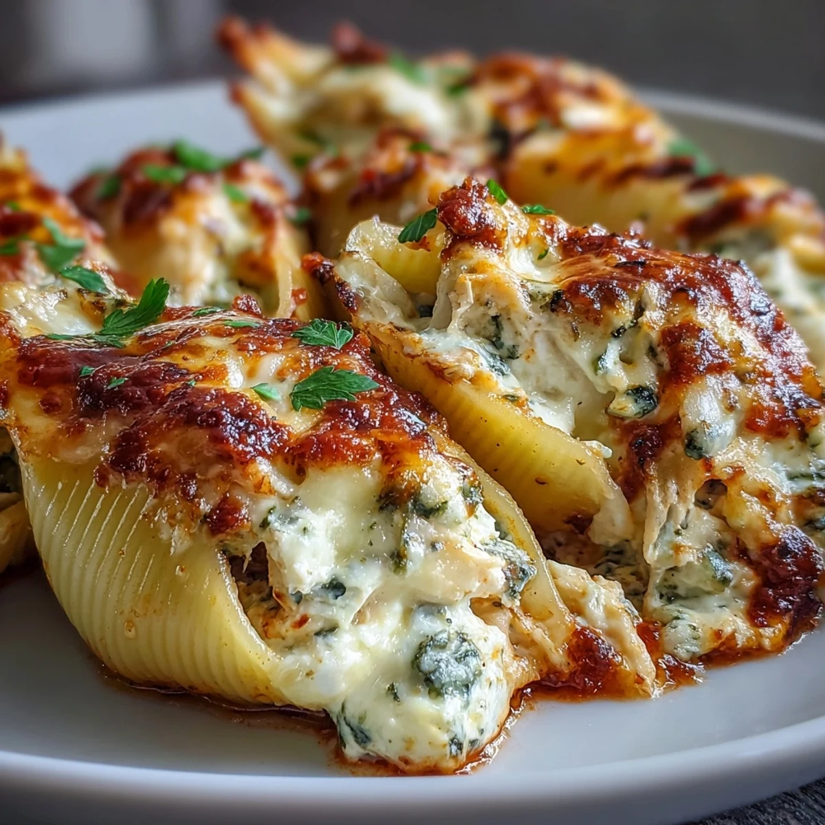 Pesto Lasagna Stuffed Shells filled with creamy ricotta and chicken, baked in marinara and topped with melted mozzarella and fresh basil.