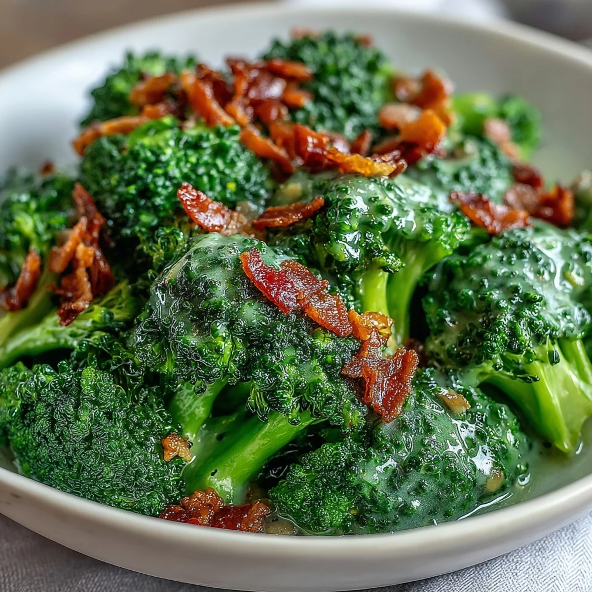 Bright green tender broccoli tossed in glossy garlic sauce with crispy bacon bits, served warm as a savory Asian fusion side dish.