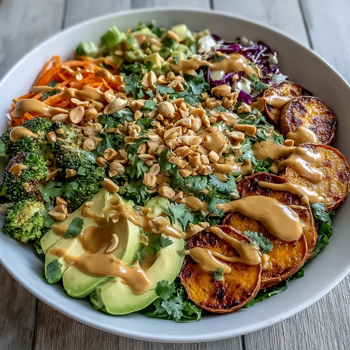 A colorful, nourishing Thai Peanut Sweet Potato Buddha Bowl topped with sliced avocado and a sprinkle of chopped peanuts.