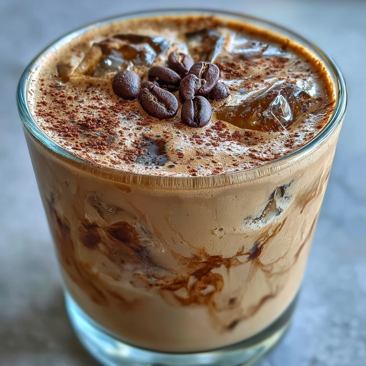 A tall glass of blended 5-Minute Coffee Protein Shake with ice cubes swirling beside the blender, ready for a quick, energizing breakfast.